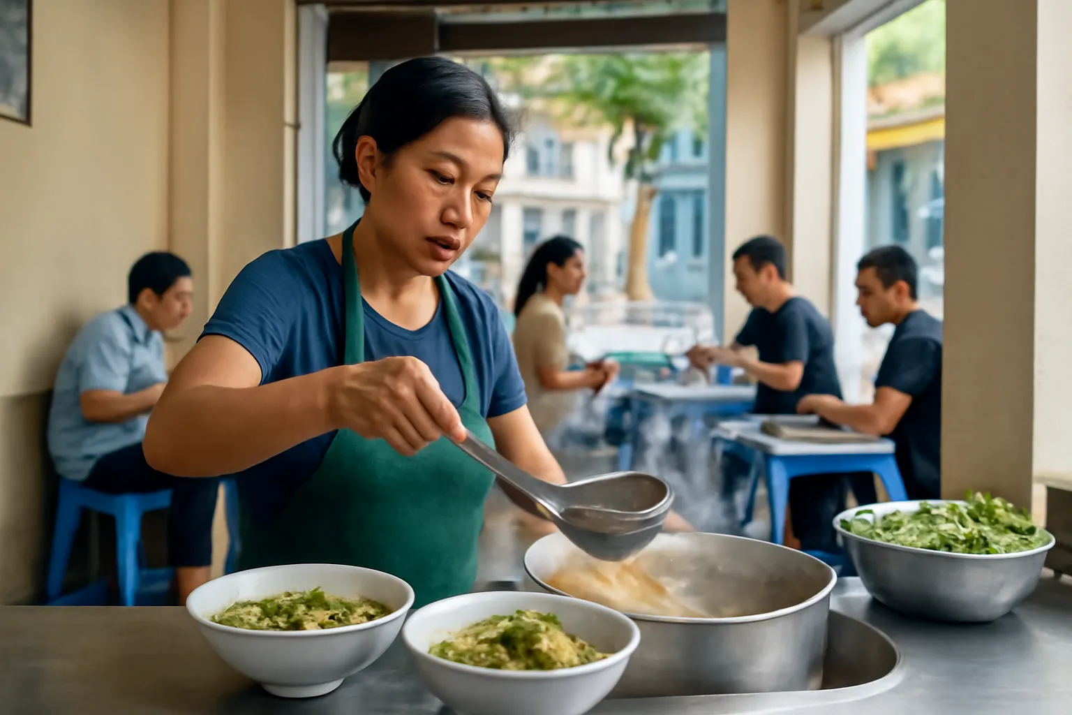 Chủ quán phở đứng sau nồi nước dùng đang phục vụ khách buổi sáng