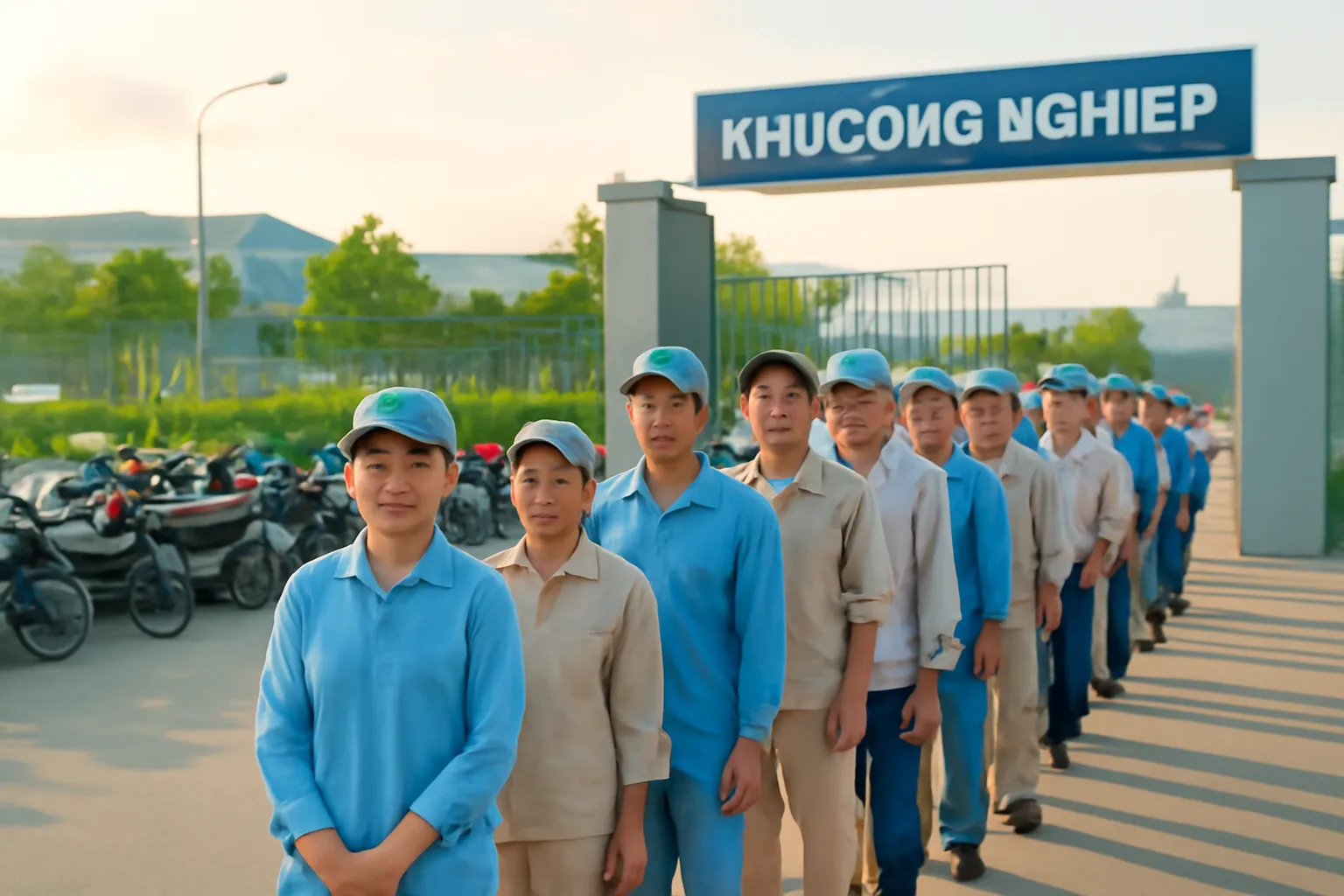 Nhóm công nhân xếp hàng chấm công ở cổng khu công nghiệp