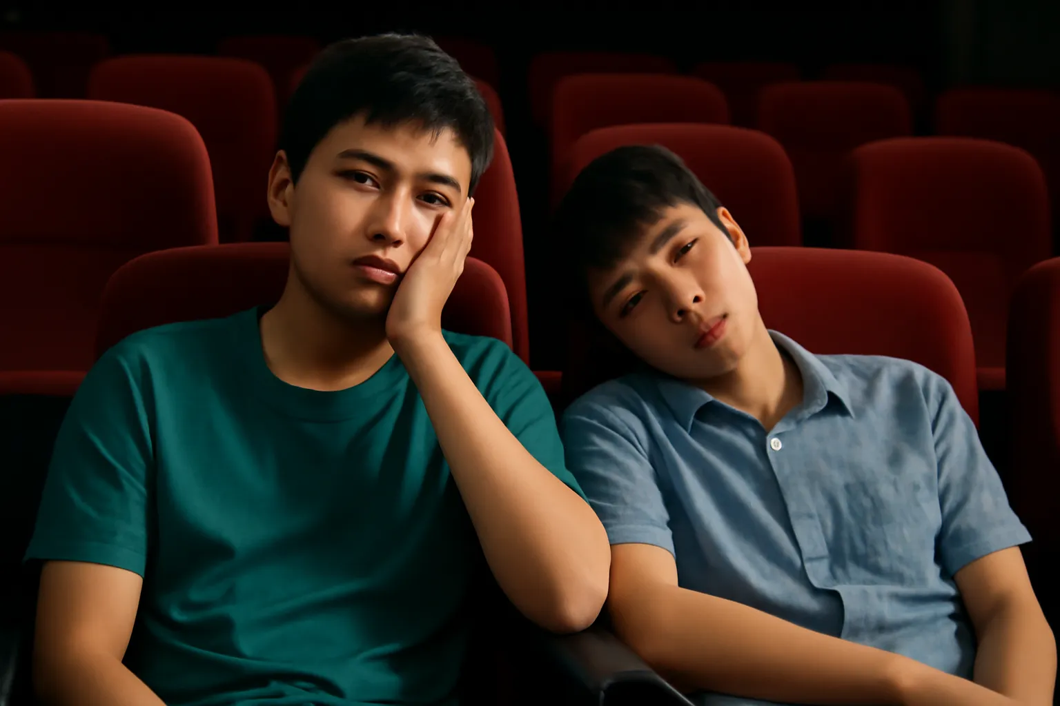 Khán giả ngồi trong rạp chiếu phim với vẻ mặt chán nản