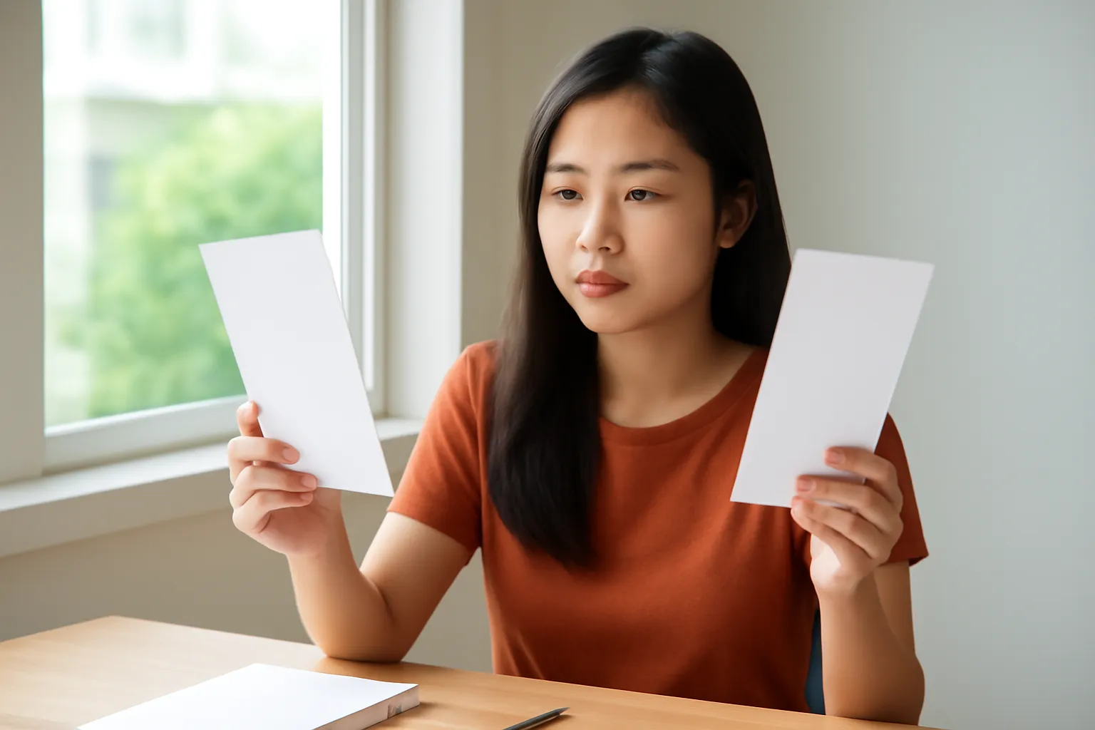 Cô gái trẻ ngồi bên bàn học suy nghĩ trước hai lựa chọn