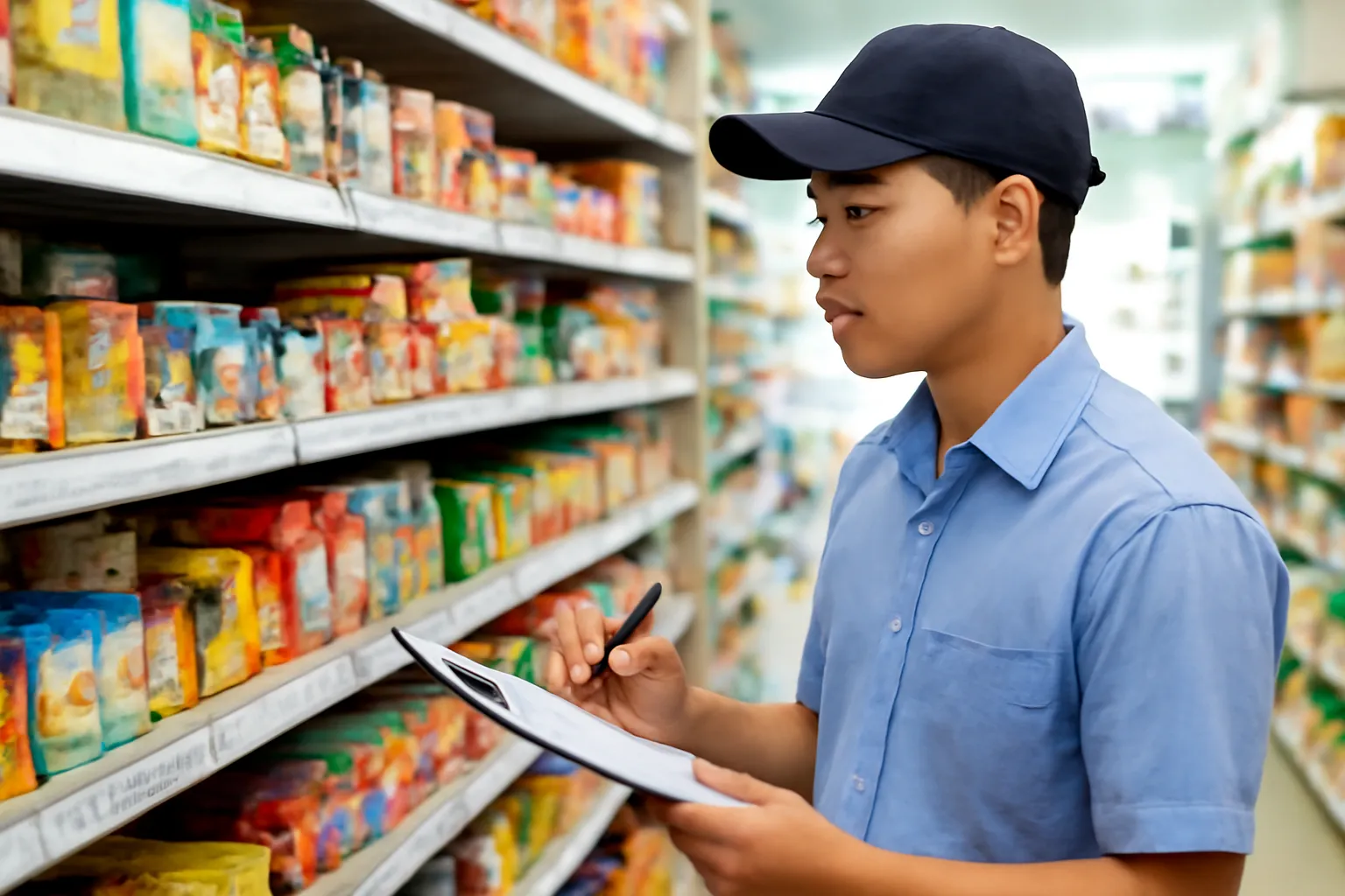 Nhân viên khảo sát giá ghi chép bên quầy hàng tạp hoá trong siêu thị
