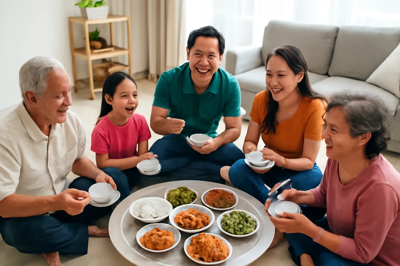 Ba thế hệ trong gia đình cùng ăn cơm tối quanh mâm