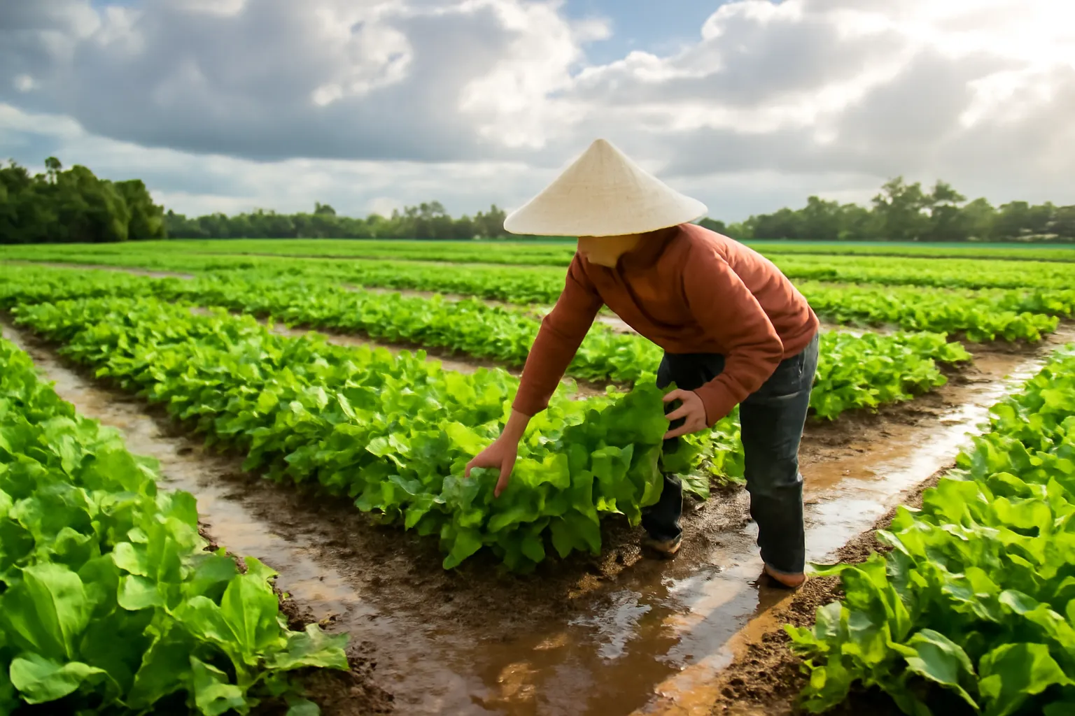 Nông dân thu hoạch rau cải trên luống đất ướt sau cơn mưa