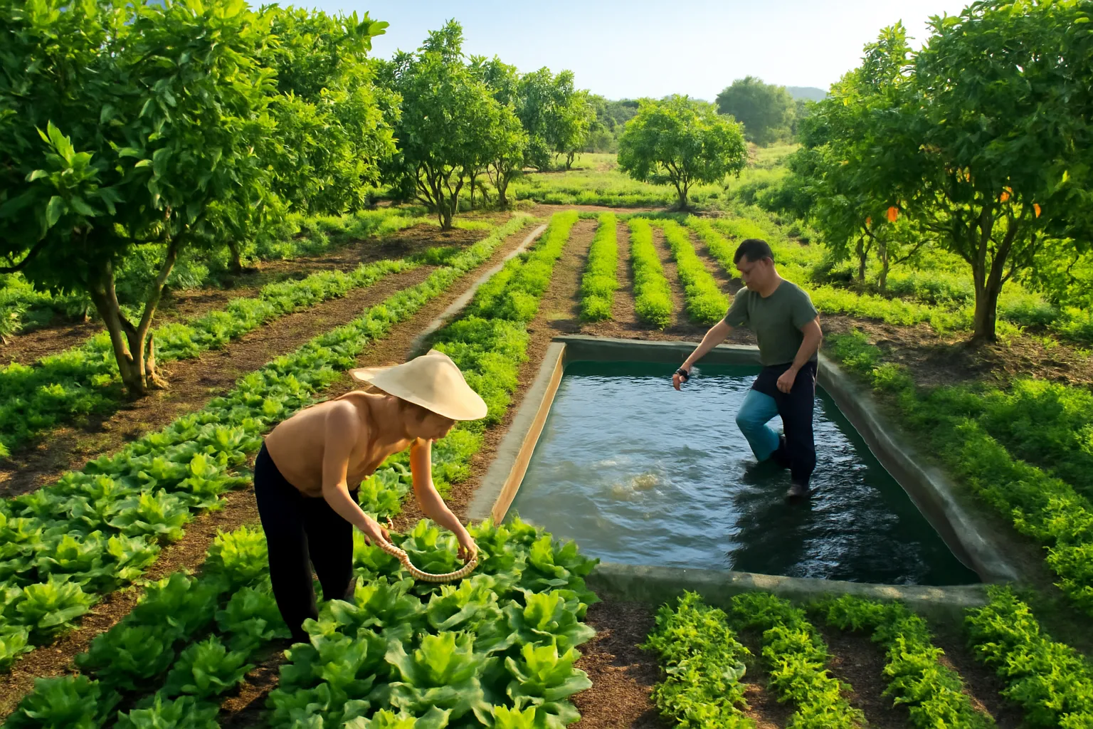 Khu vườn nhà nông trồng xen cây ăn trái, rau và ao cá