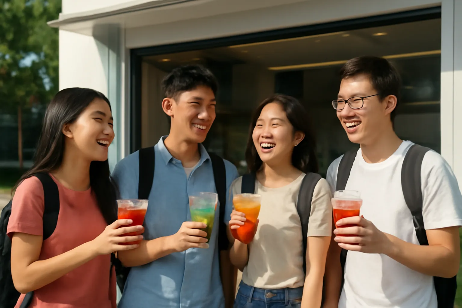 Nhóm bạn trẻ cầm ly trà trái cây đứng trước quầy đồ uống