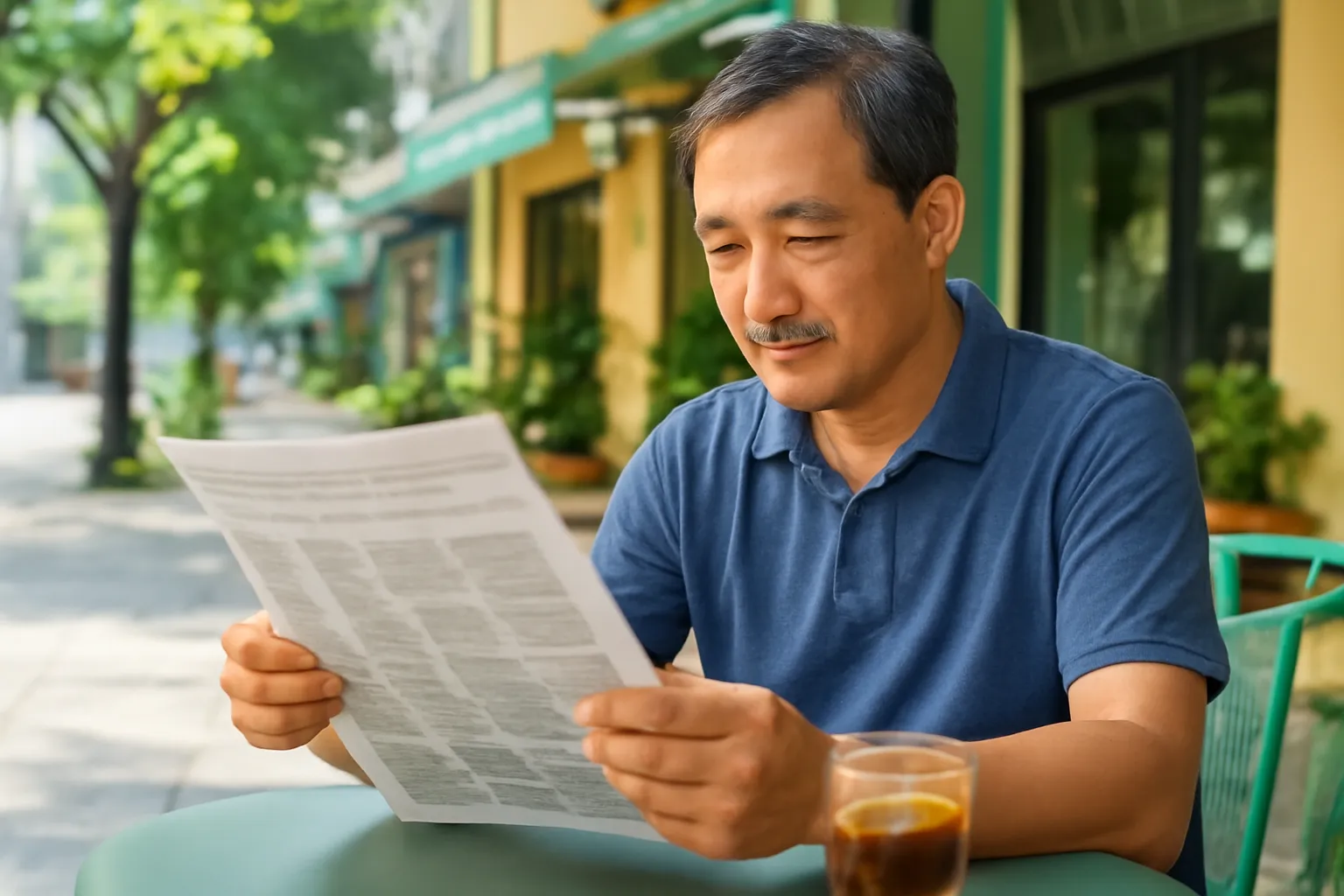 Người đàn ông đọc báo giấy trong quán cà phê buổi sáng