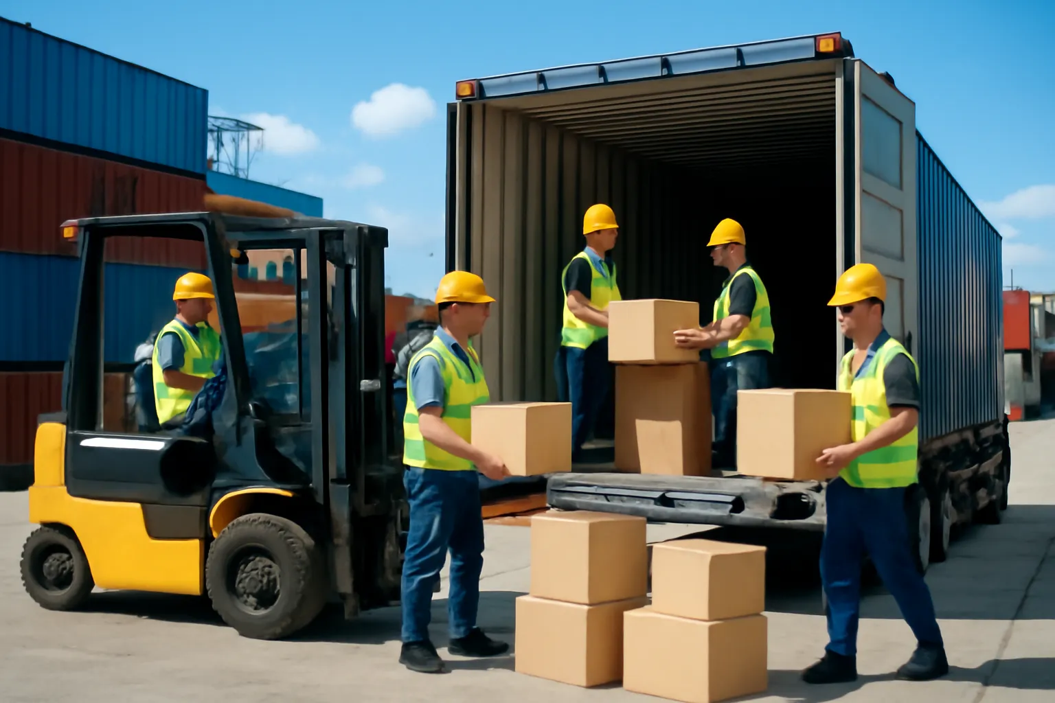 Công nhân xếp thùng hàng lên xe container tại kho cảng