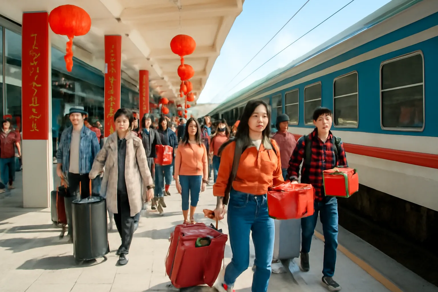 Hành khách xách hành lý đi trên sân ga đông người dịp cuối năm