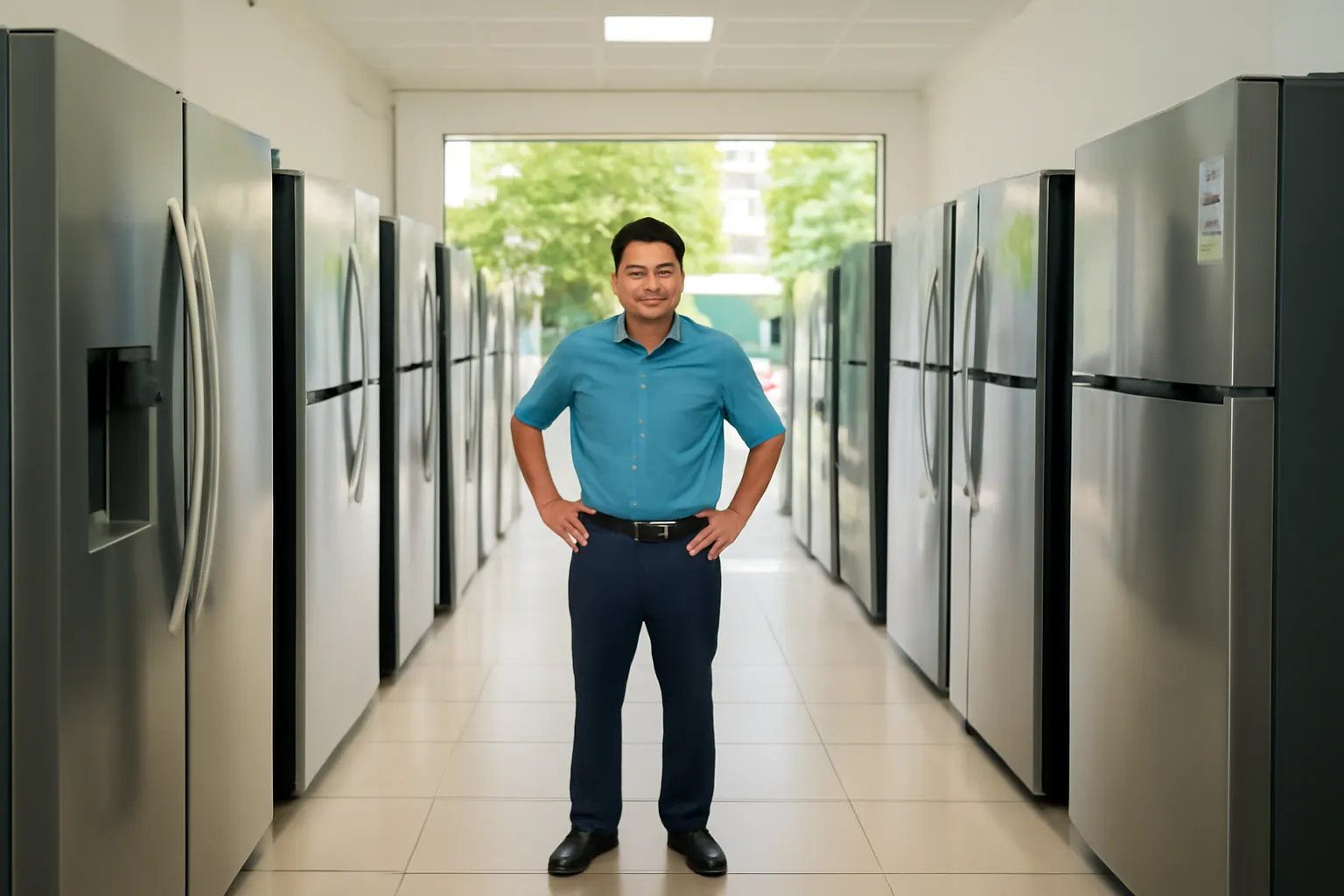 Chủ cửa hàng điện máy đứng giữa dãy tủ lạnh vắng khách