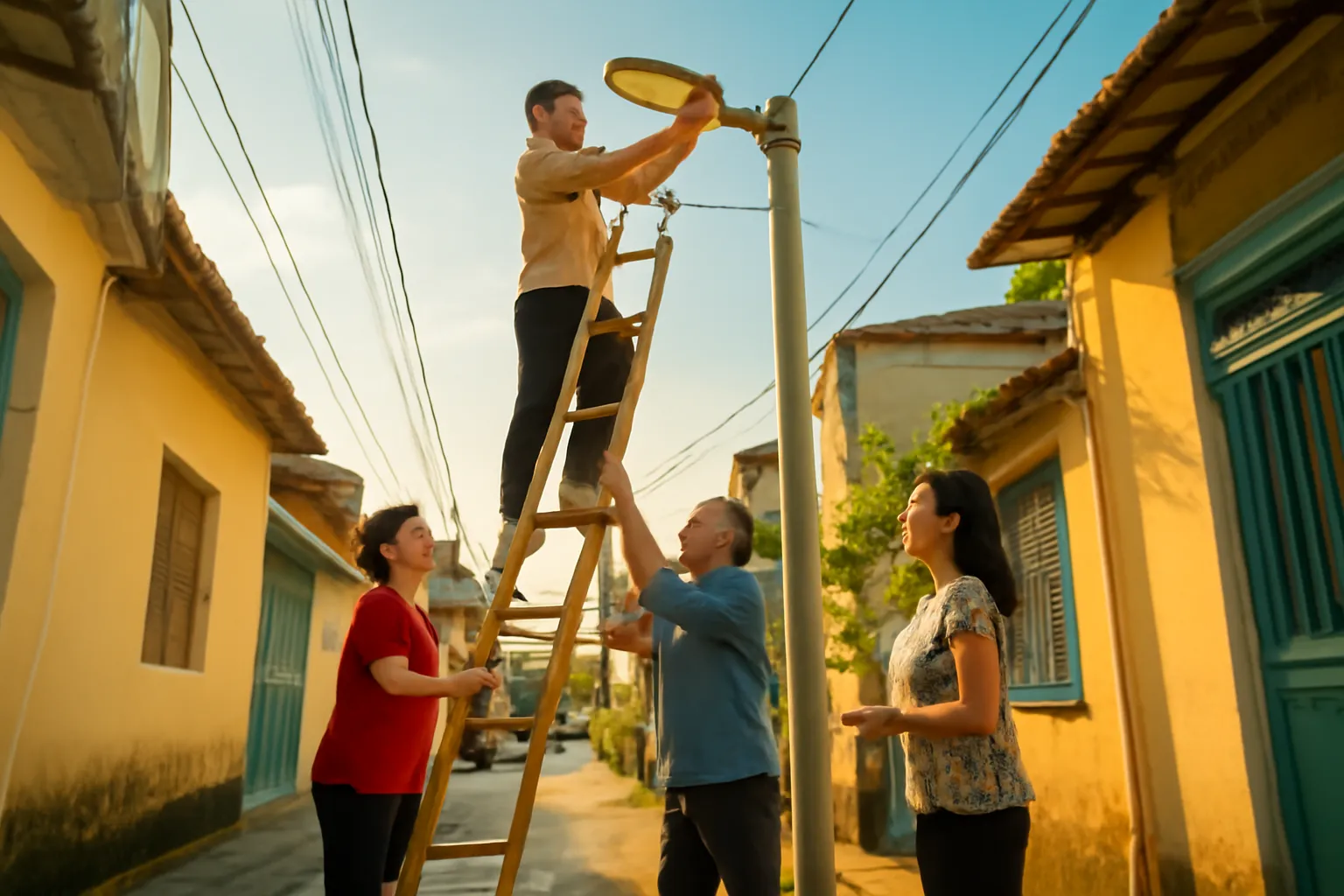Người dân trong hẻm cùng nhau lắp bóng đèn chiếu sáng buổi chiều
