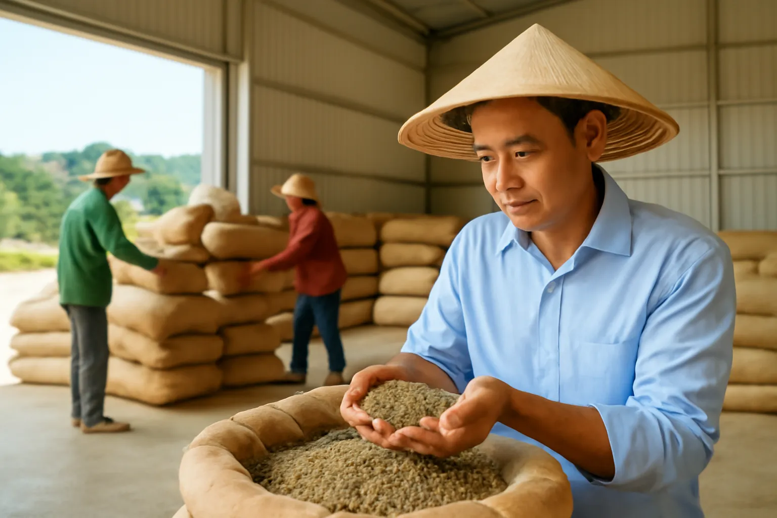 Thương lái kiểm tra bao cà phê nhân tại kho ở Tây Nguyên