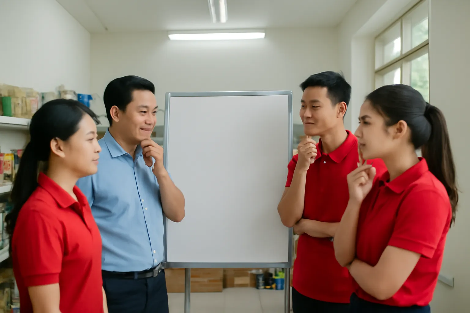 Quản lý cửa hàng xem bảng chỉ tiêu cùng nhân viên bán hàng