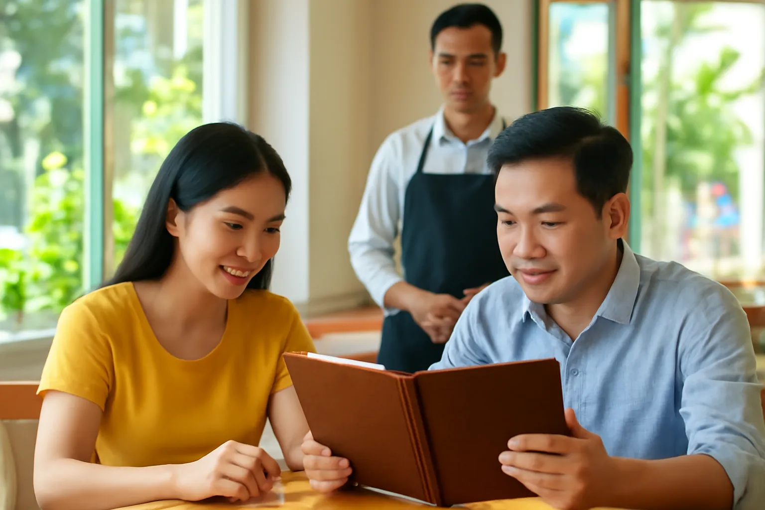 Khách hàng chăm chú đọc thực đơn trong nhà hàng sáng sủa