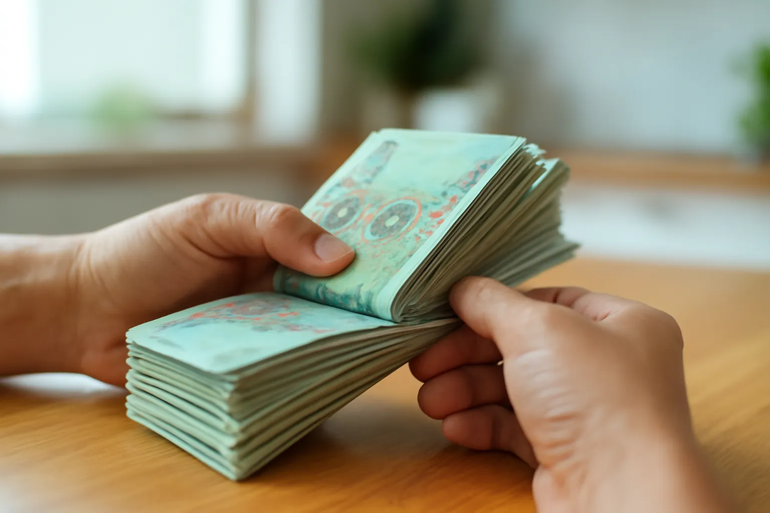 Bàn tay đếm xấp tiền giấy bên bàn gỗ, chi tiết in mờ