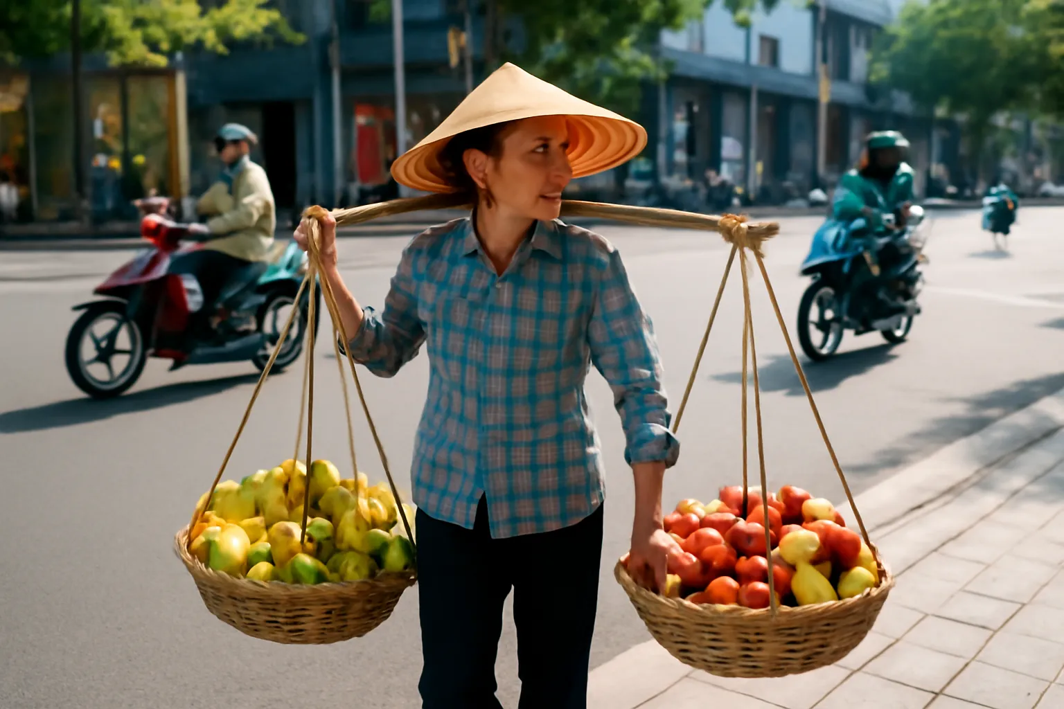 Người phụ nữ gánh hàng rong đi qua con phố buổi sáng