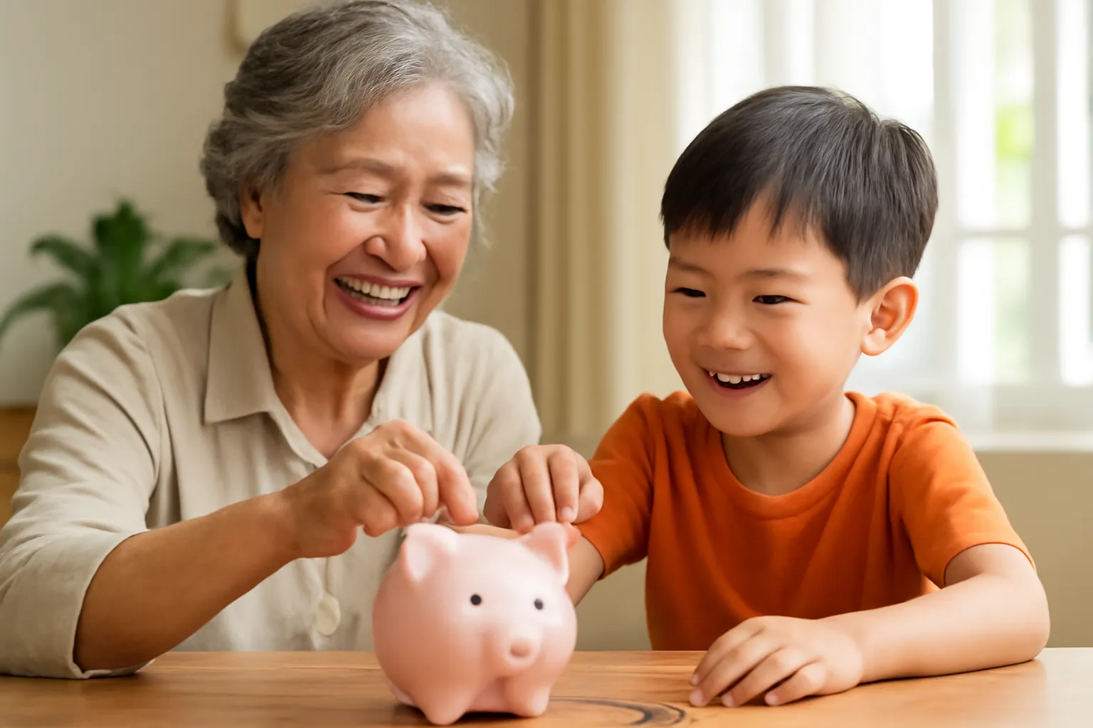 Bà và cháu nhỏ cùng bỏ đồng xu vào heo đất trên bàn