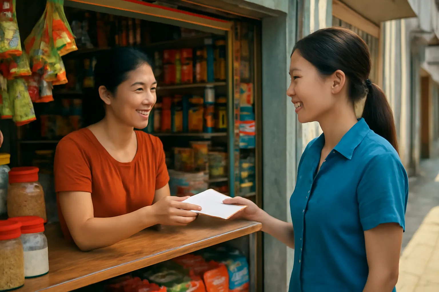 Hai người phụ nữ trò chuyện bên quầy tạp hoá ở đầu hẻm