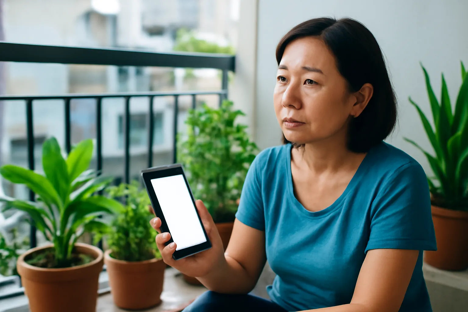 Người phụ nữ trung niên ngồi xem ứng dụng ngân hàng ở ban công