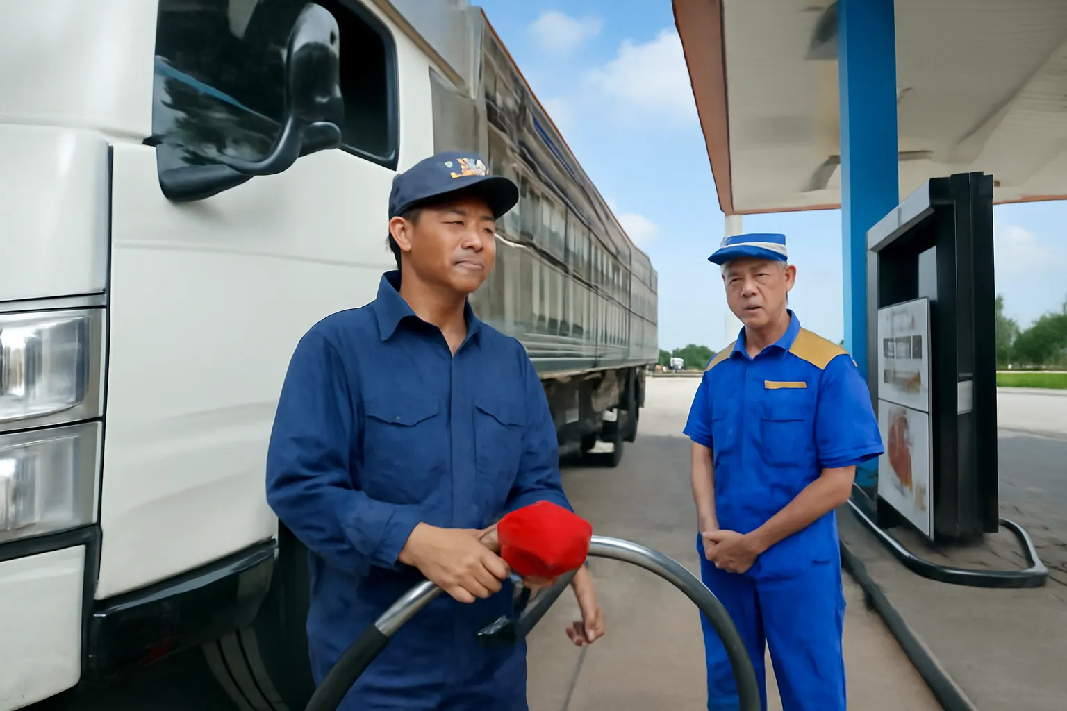 Tài xế xe tải đổ dầu tại trạm xăng ven quốc lộ buổi sáng