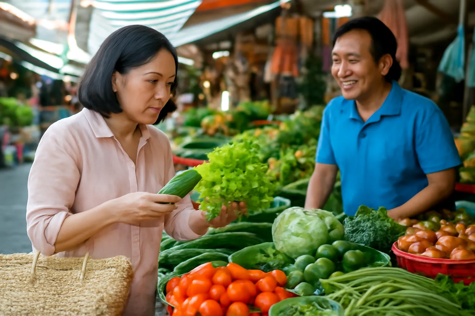 Người phụ nữ cầm túi đi chợ đứng trước sạp rau củ buổi sáng