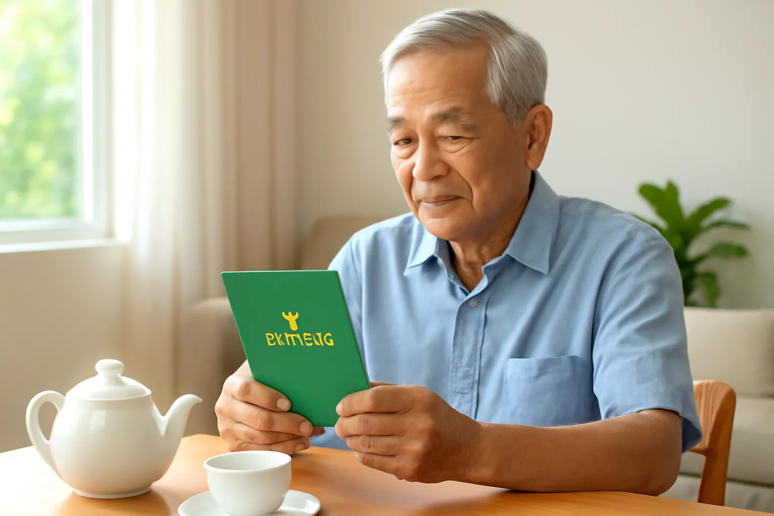 Ông cụ về hưu ngồi xem sổ tiết kiệm bên bàn nước trong nhà