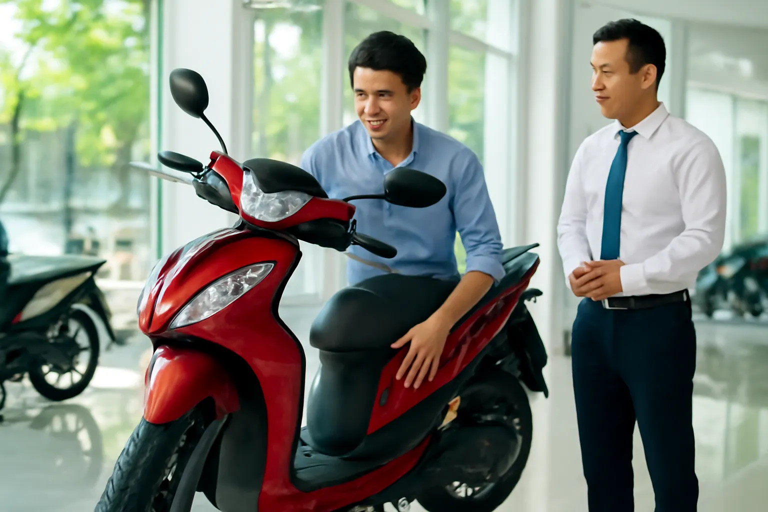 Người đàn ông trẻ đứng ngắm chiếc xe máy mới trong cửa hàng