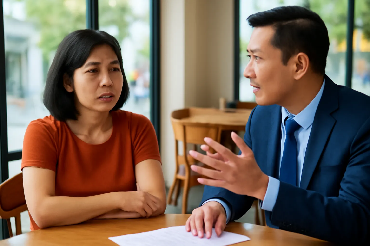 Người phụ nữ ngồi nghe một người đàn ông thuyết trình trong quán cà phê