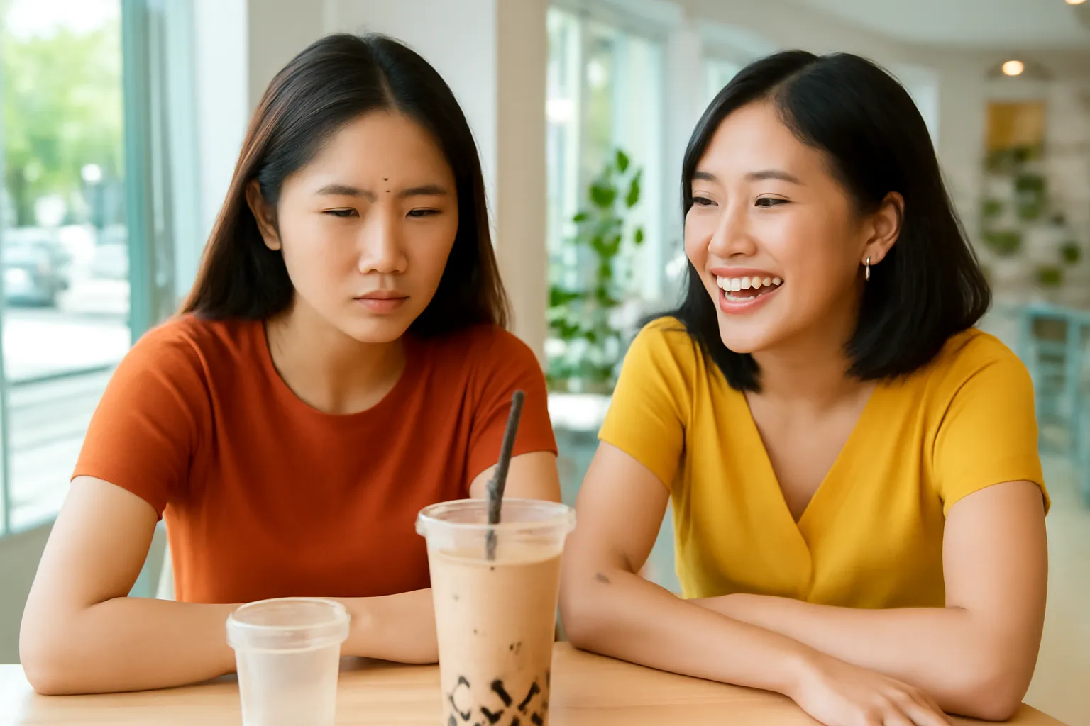 Cô gái nhìn ly trà sữa thứ hai còn đầy trên bàn quán