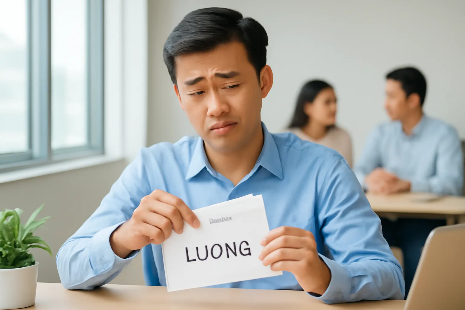 Nhân viên văn phòng trẻ mở phong bì lương bên bàn làm việc
