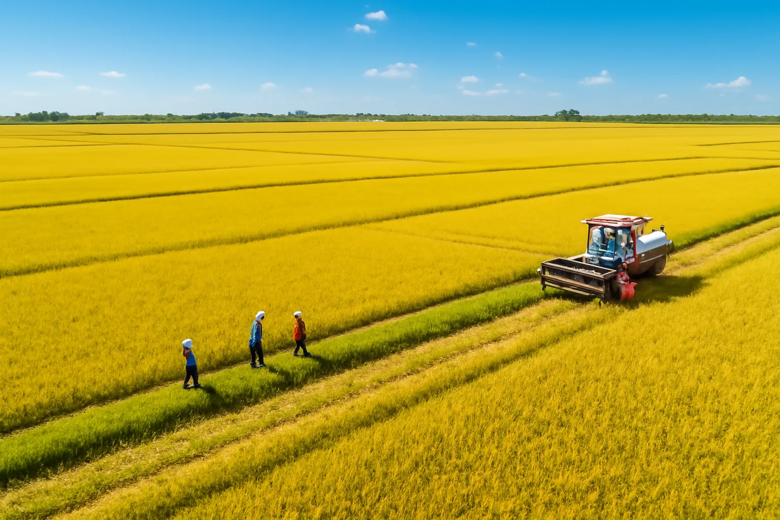 Cánh đồng lúa chín vàng trải rộng với máy gặt ở xa