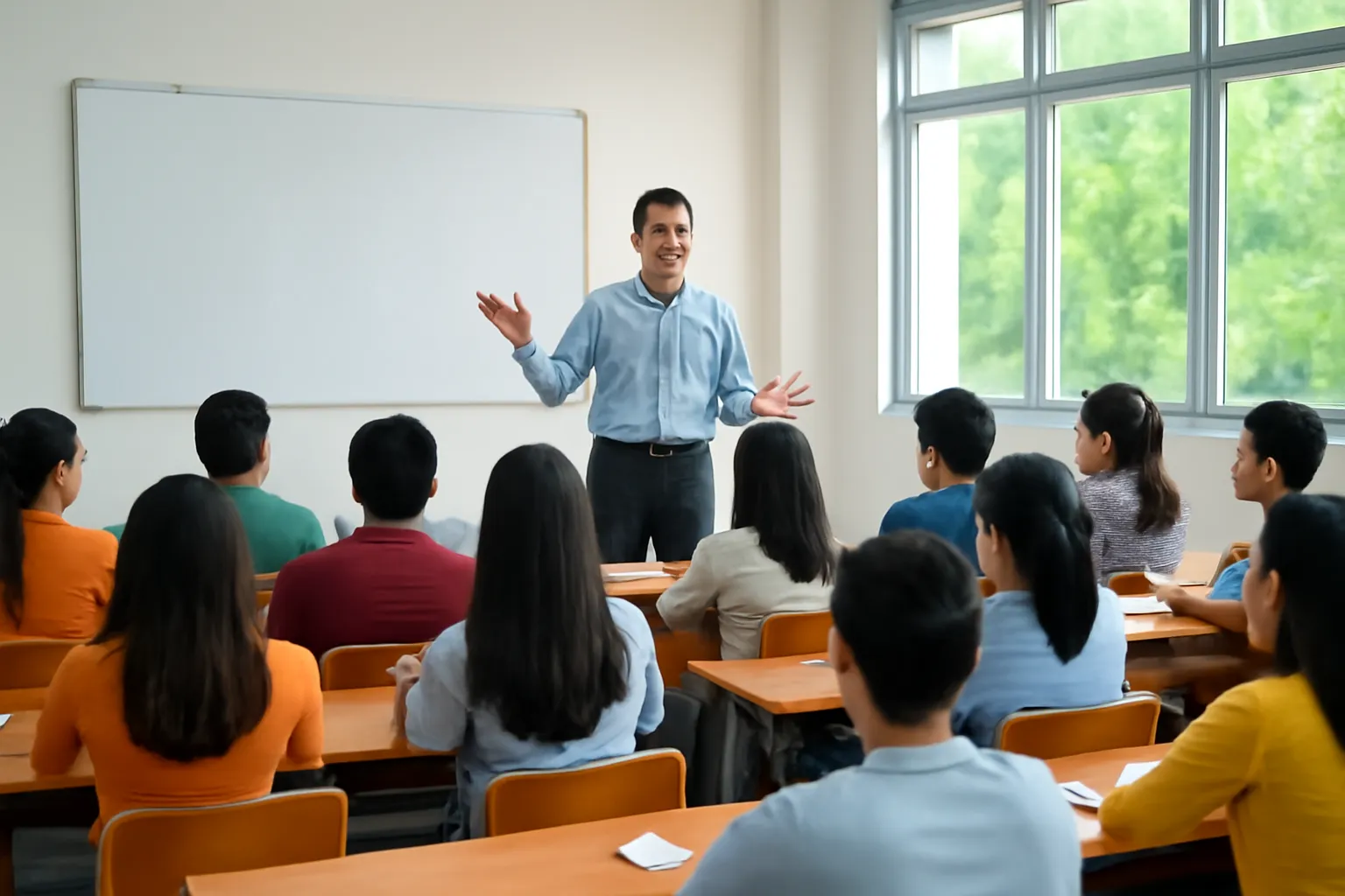 Giảng viên đứng trước lớp học kinh tế ở giảng đường đại học