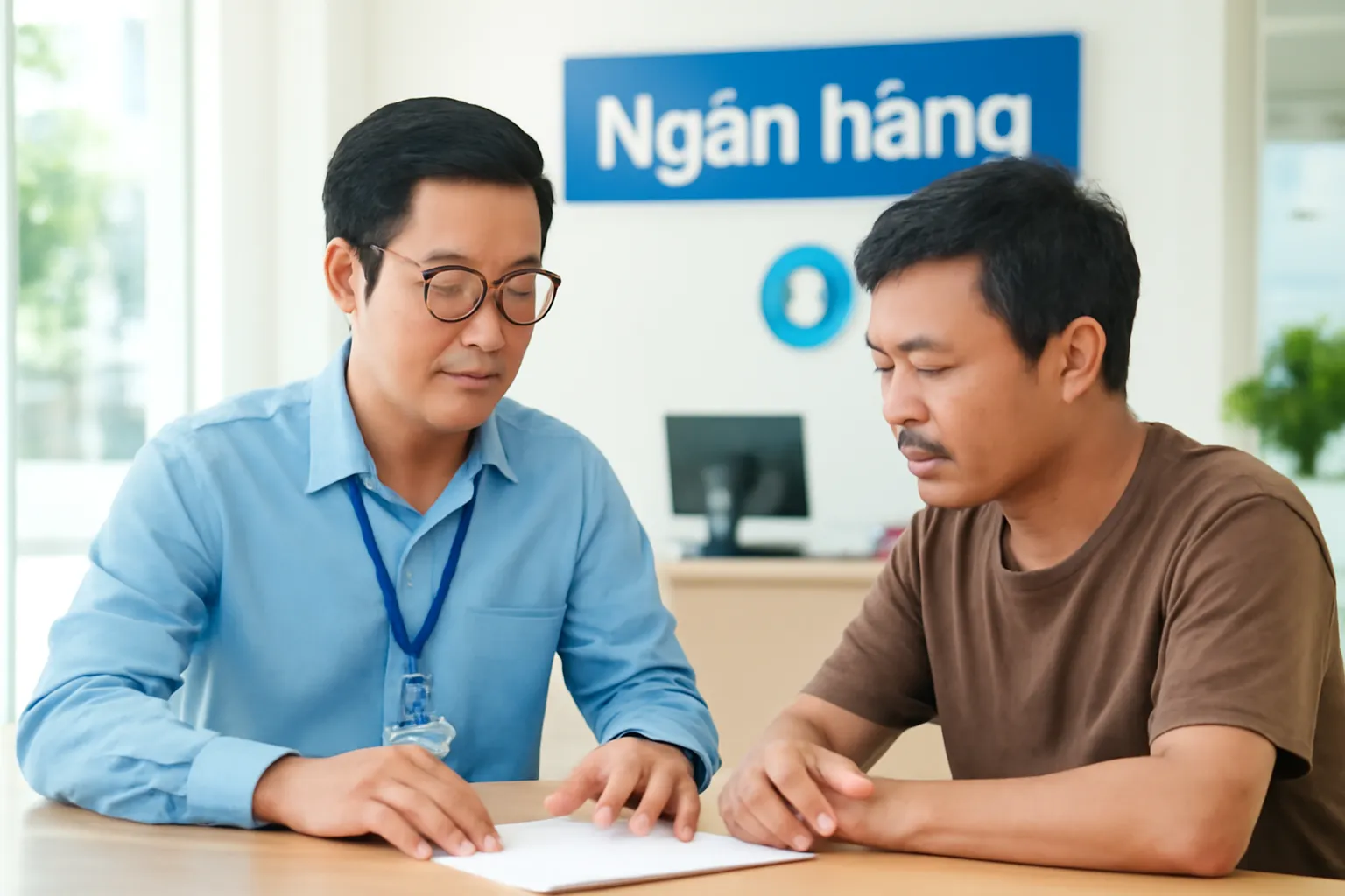 Nhân viên tín dụng trao đổi hồ sơ vay với chủ xưởng nhỏ