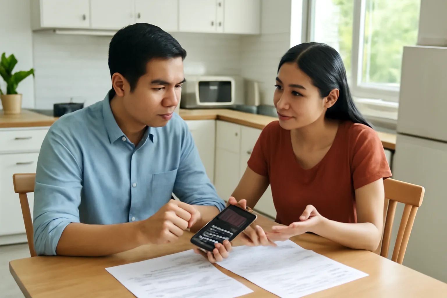 Cặp vợ chồng trẻ ngồi tính toán khoản trả góp bên bàn ăn