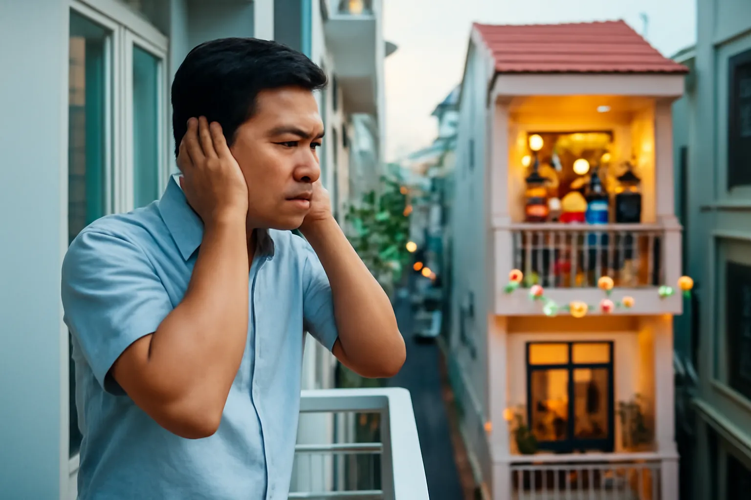 Người đàn ông bịt tai đứng ở ban công nhìn sang nhà hàng xóm