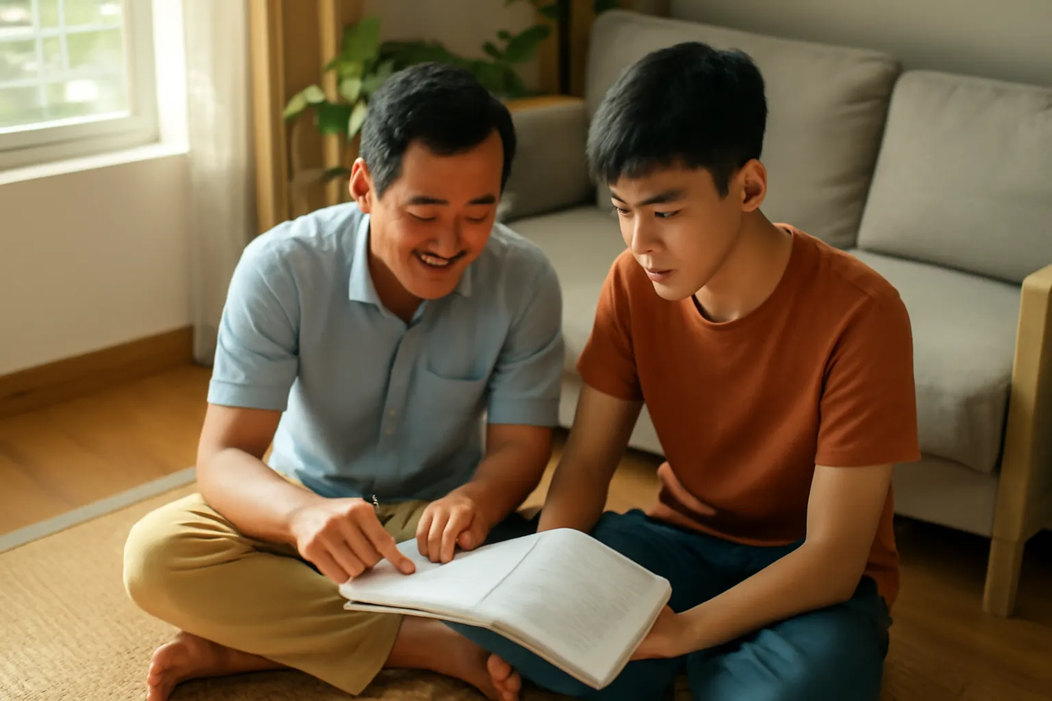Người cha ngồi cùng con trai xem sổ ghi chép chi tiêu gia đình