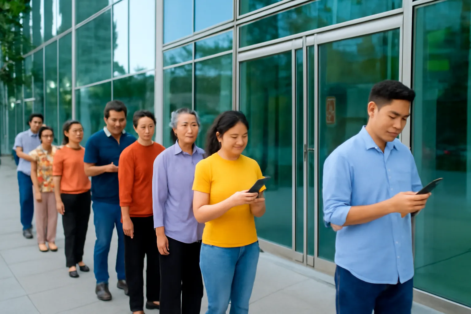 Hàng người xếp hàng trước cửa một toà nhà văn phòng buổi sáng
