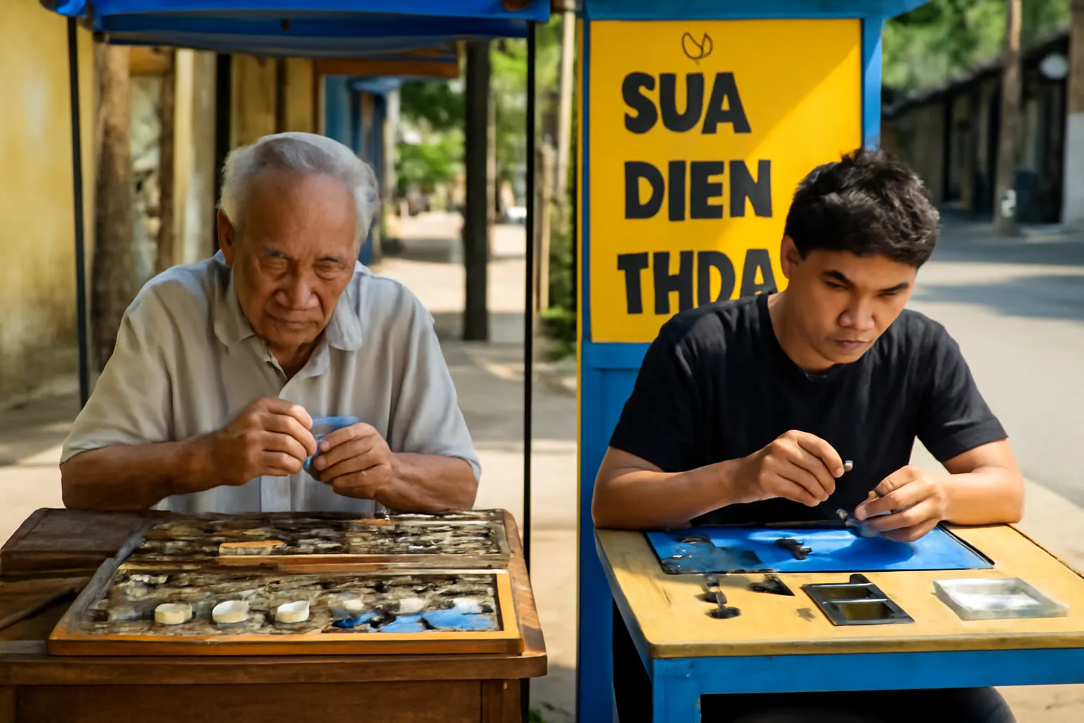 Thợ sửa đồng hồ lớn tuổi ngồi cạnh người thợ trẻ sửa điện thoại