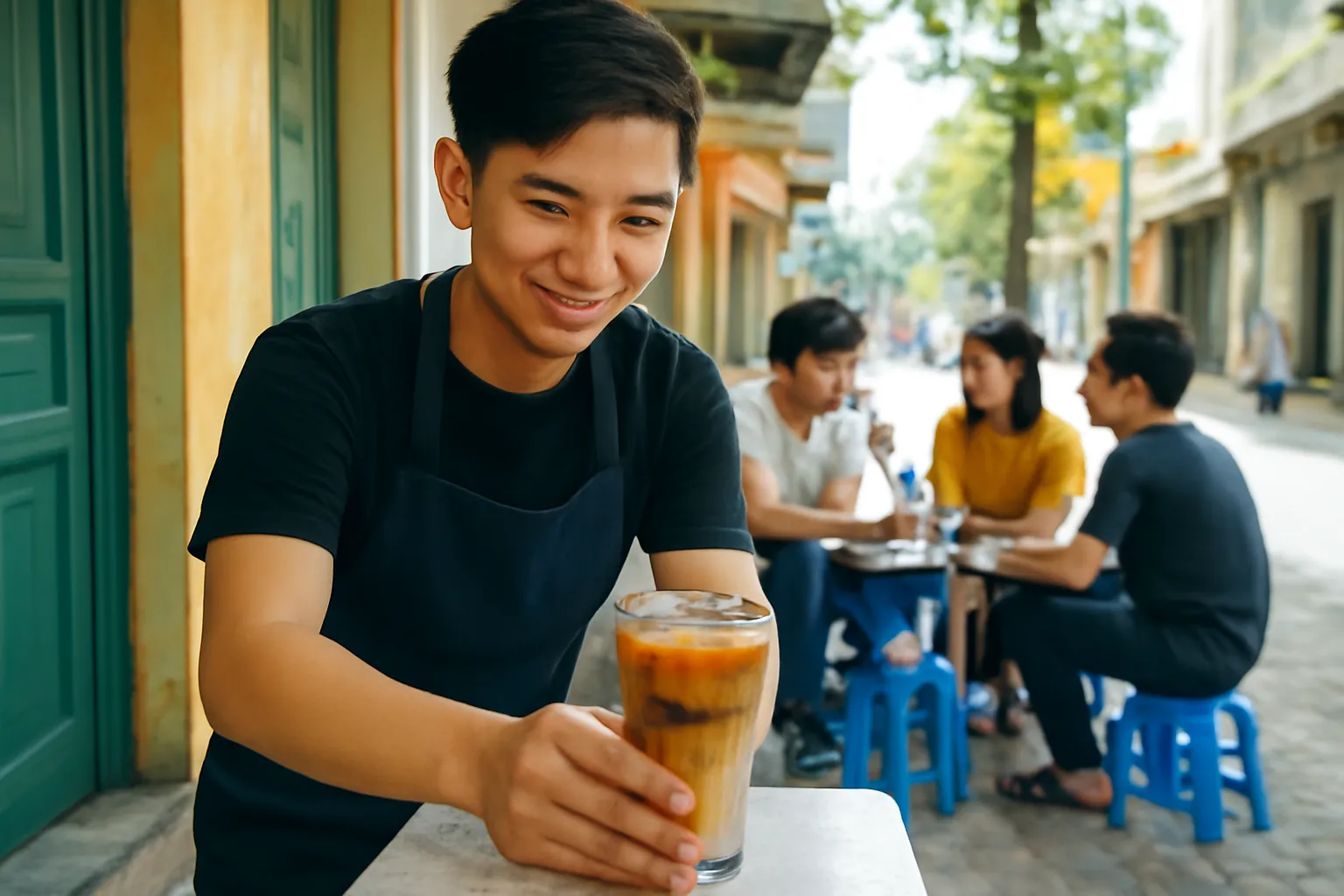 Người pha chế đặt ly cà phê sữa đá lên quầy quán vỉa hè