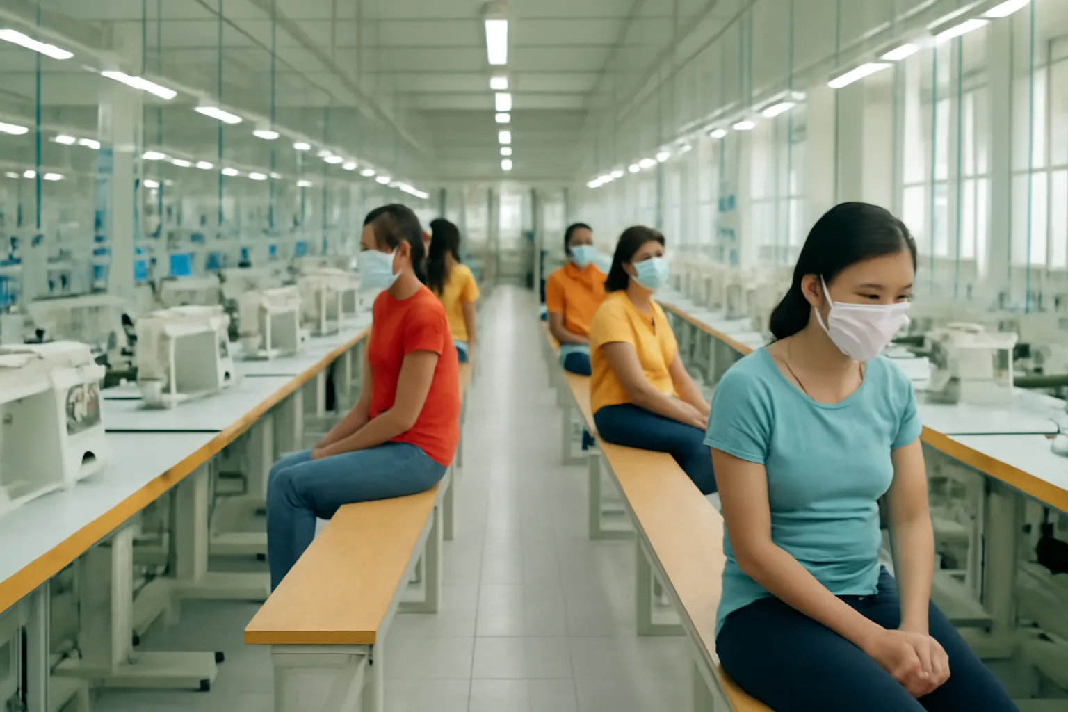 Công nhân xưởng may ngồi nghỉ bên dãy máy may tắt