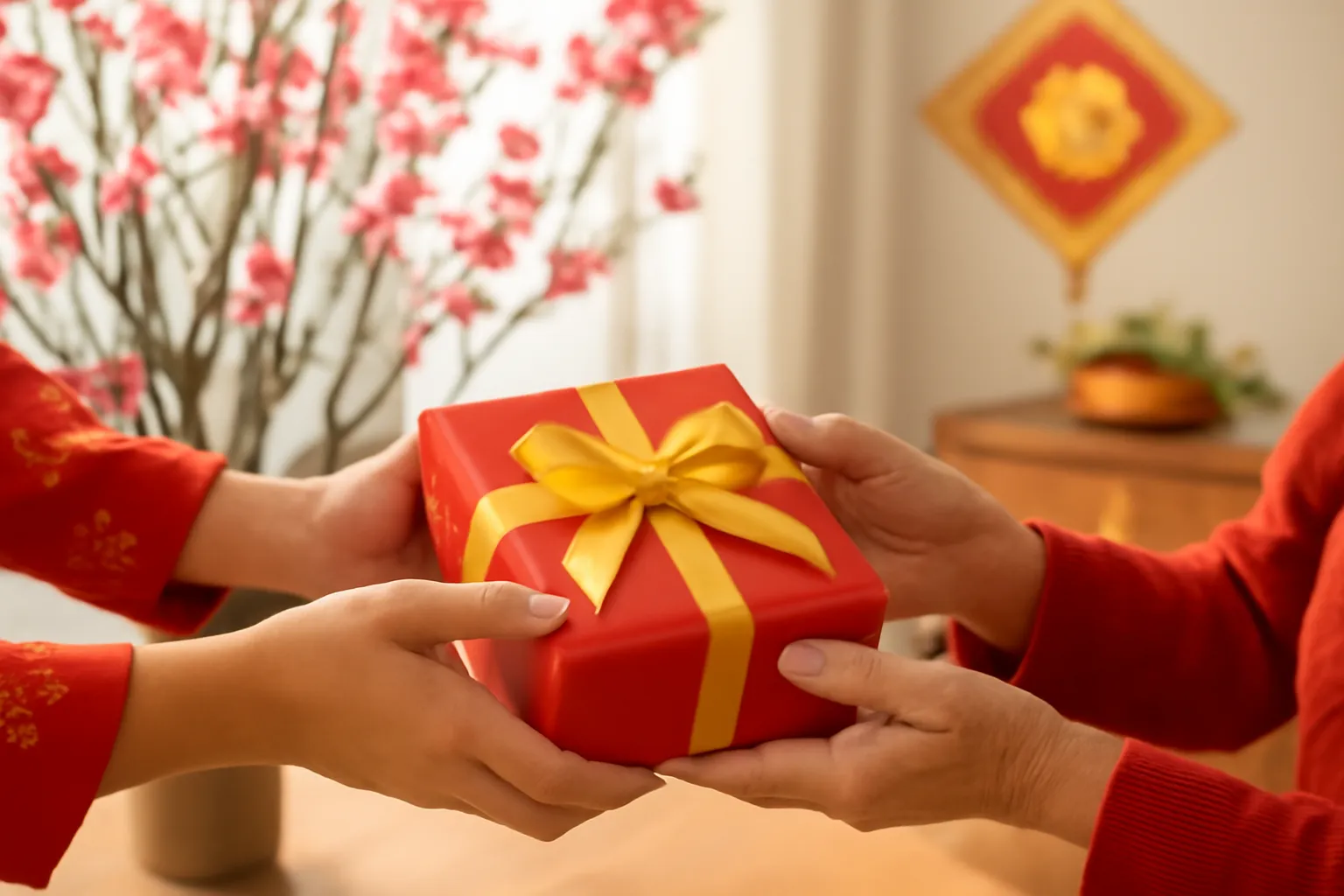 Bàn tay trao hộp quà gói giấy đỏ cho người thân dịp Tết
