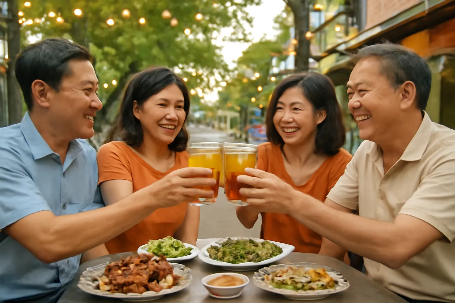 Nhóm bạn trung niên nâng ly nước trà đá trong quán nhậu vỉa hè