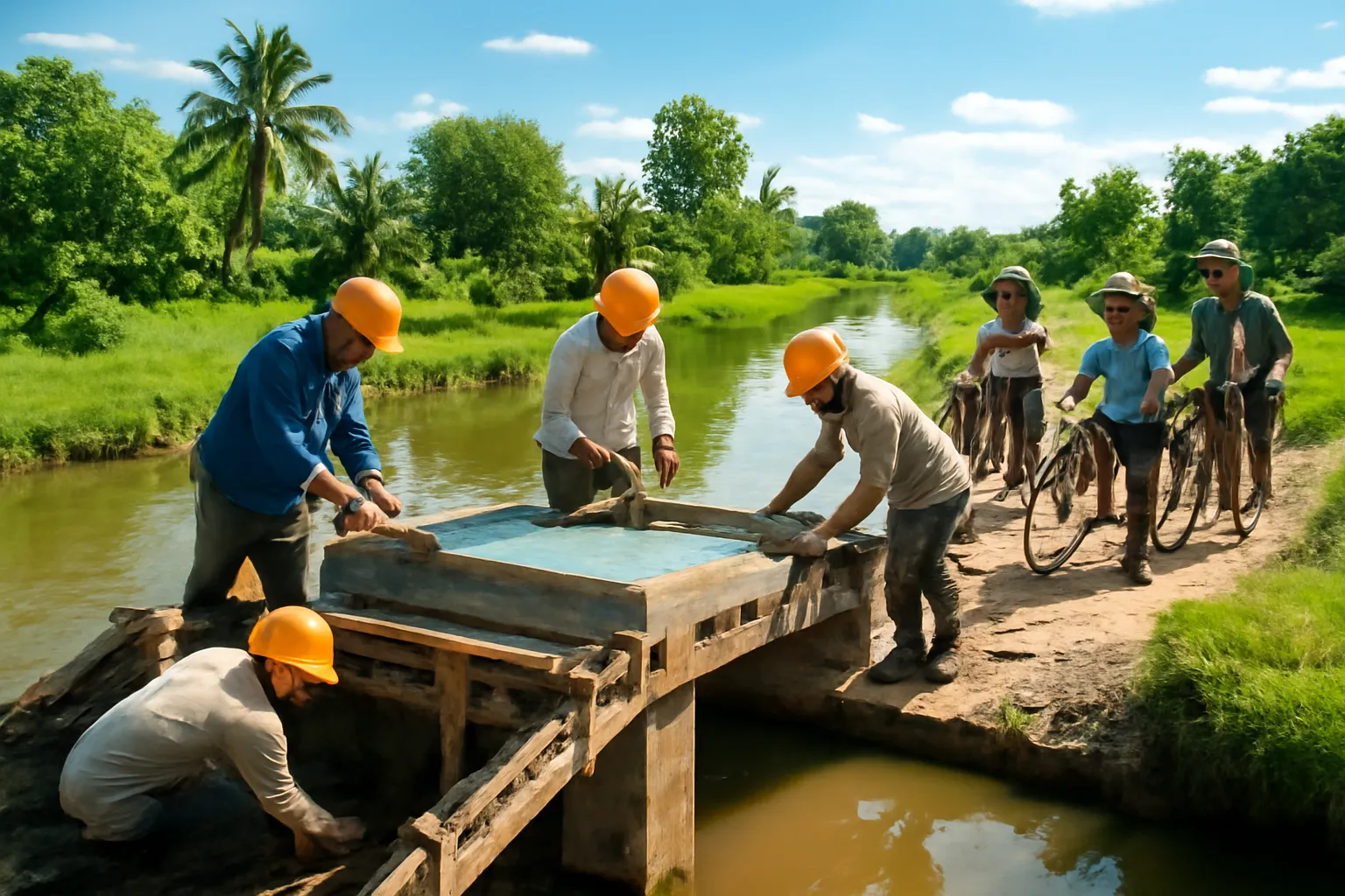 Công nhân xây dựng làm cây cầu bê tông bắc qua kênh ở vùng quê