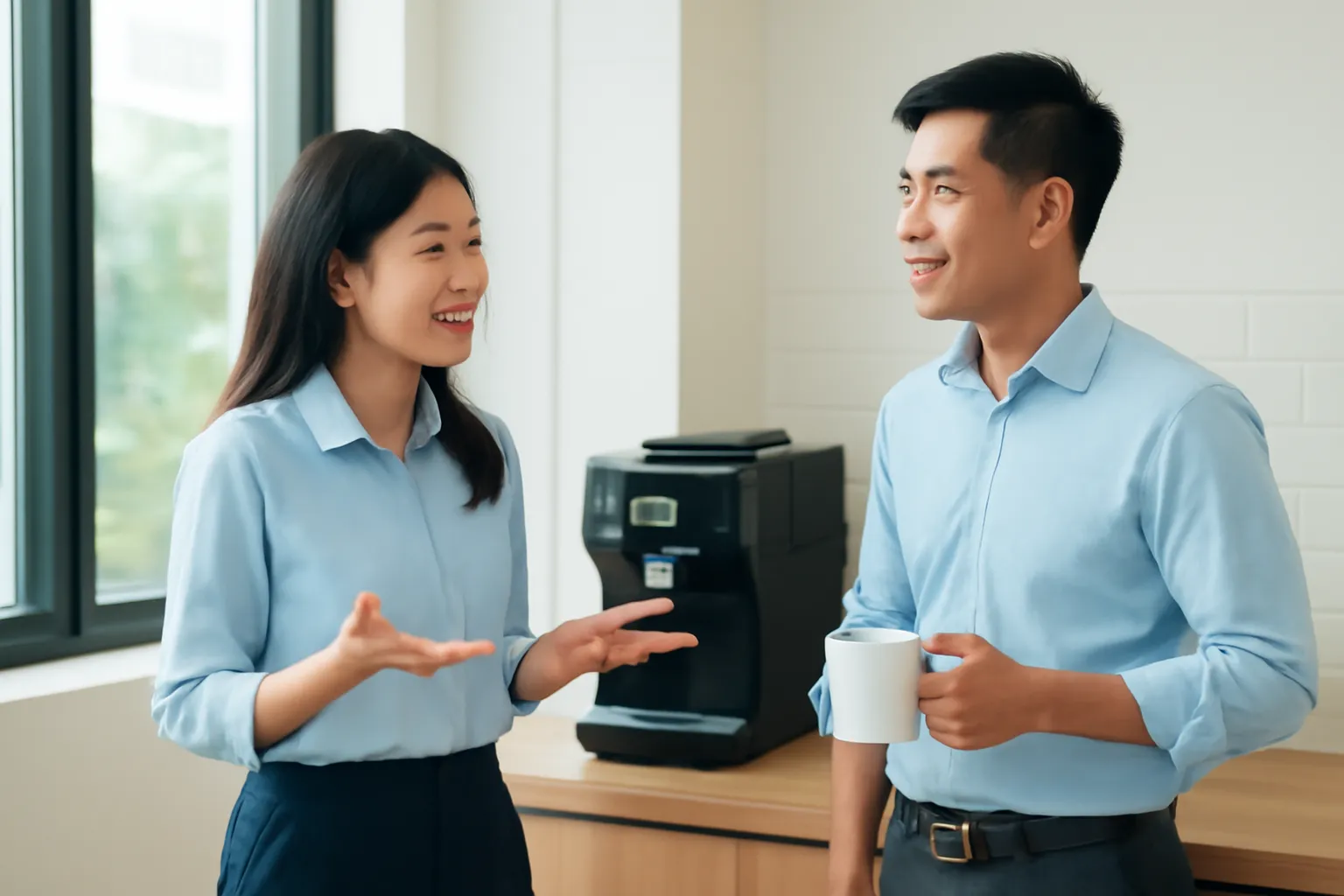Hai đồng nghiệp trẻ trò chuyện bên máy pha cà phê trong văn phòng