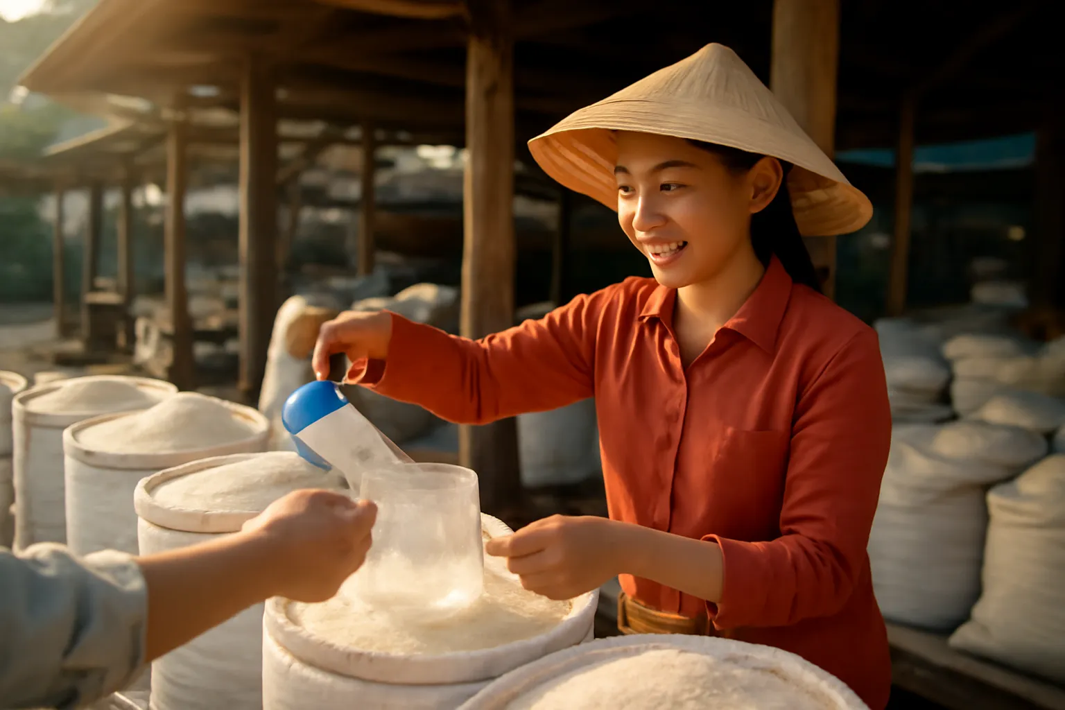 Người bán gạo xúc gạo vào túi cho khách ở chợ quê
