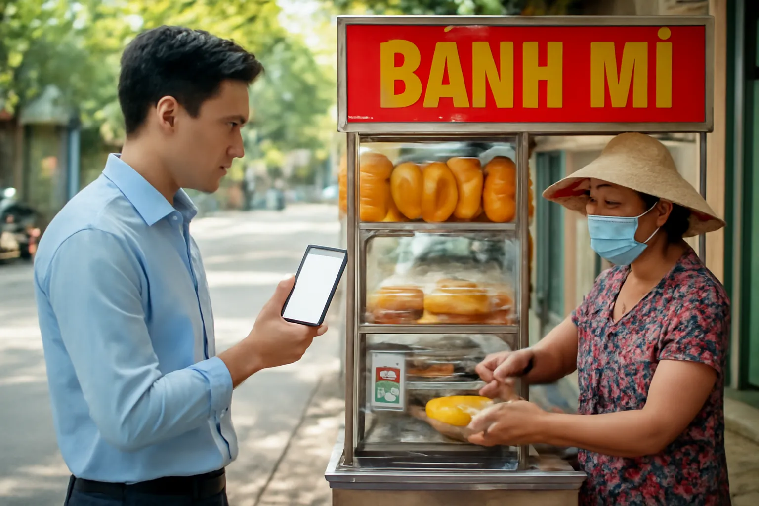 Khách hàng quét mã thanh toán ở xe bánh mì vỉa hè