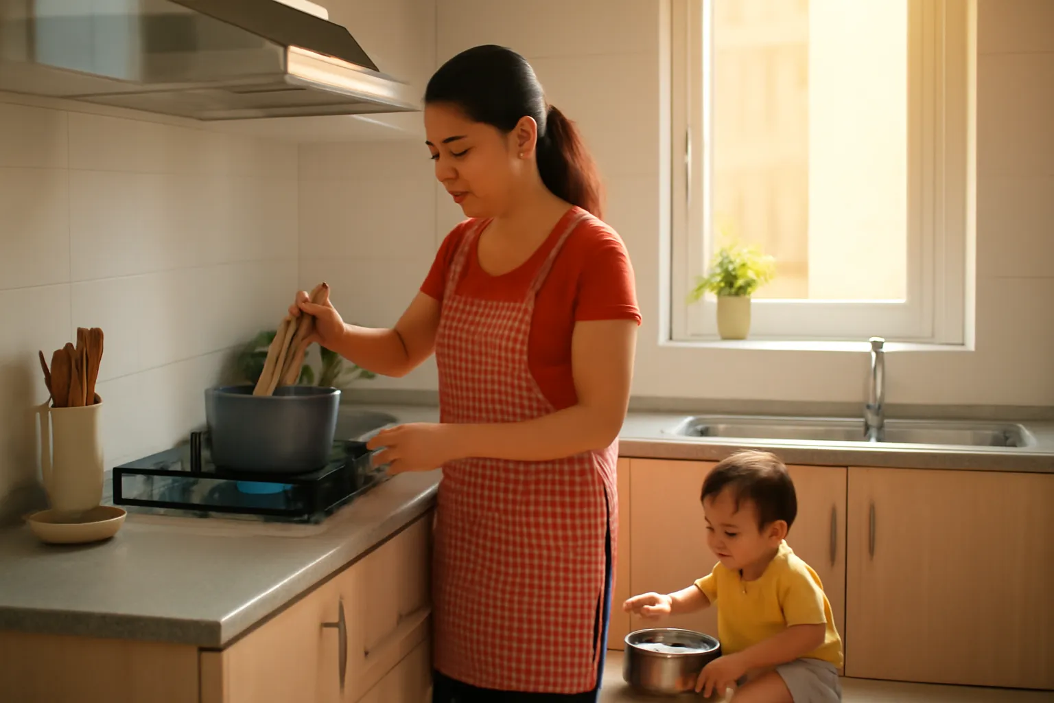 Người mẹ nấu cơm trong bếp trong khi con nhỏ ngồi chơi bên cạnh