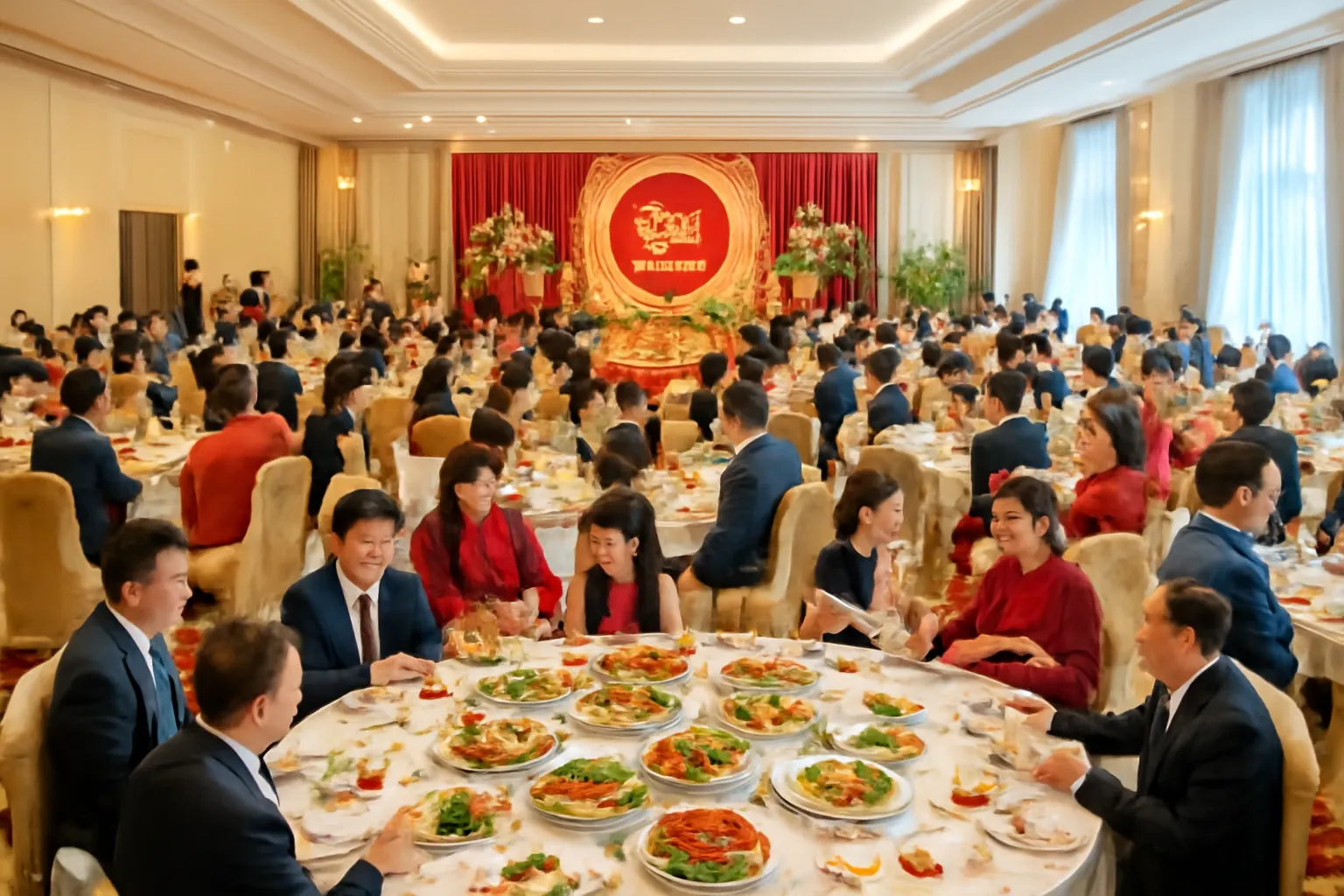 Mâm cỗ cưới bày nhiều món trong tiệc cưới đông khách