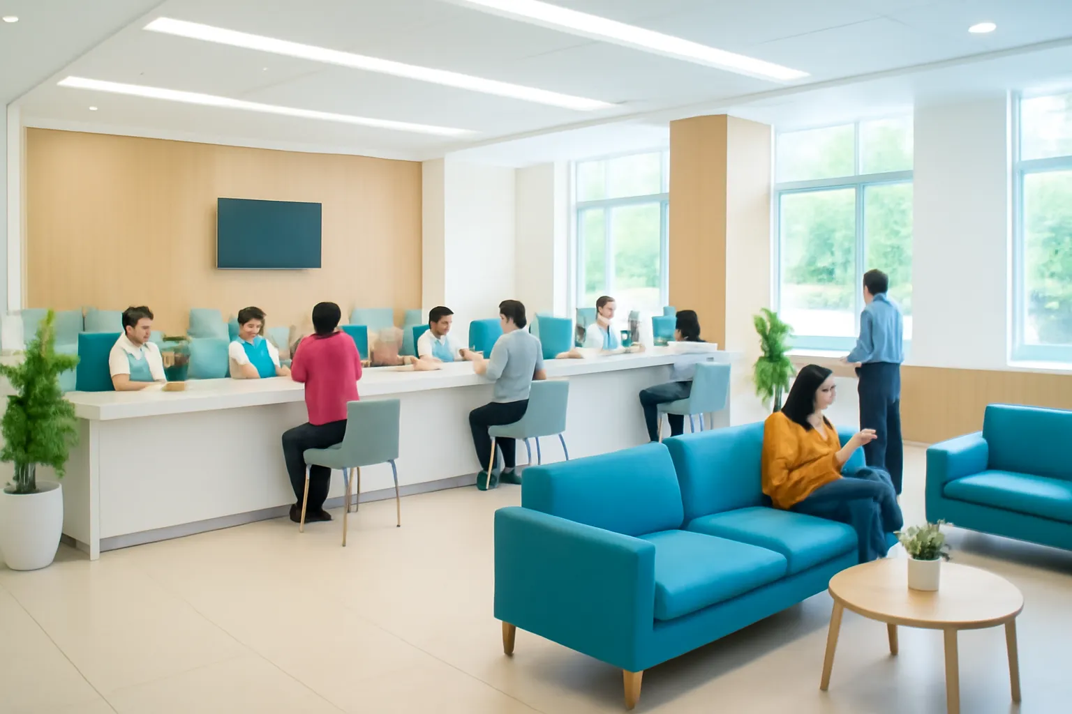 Quầy giao dịch ngân hàng sáng sủa với khách hàng đang chờ