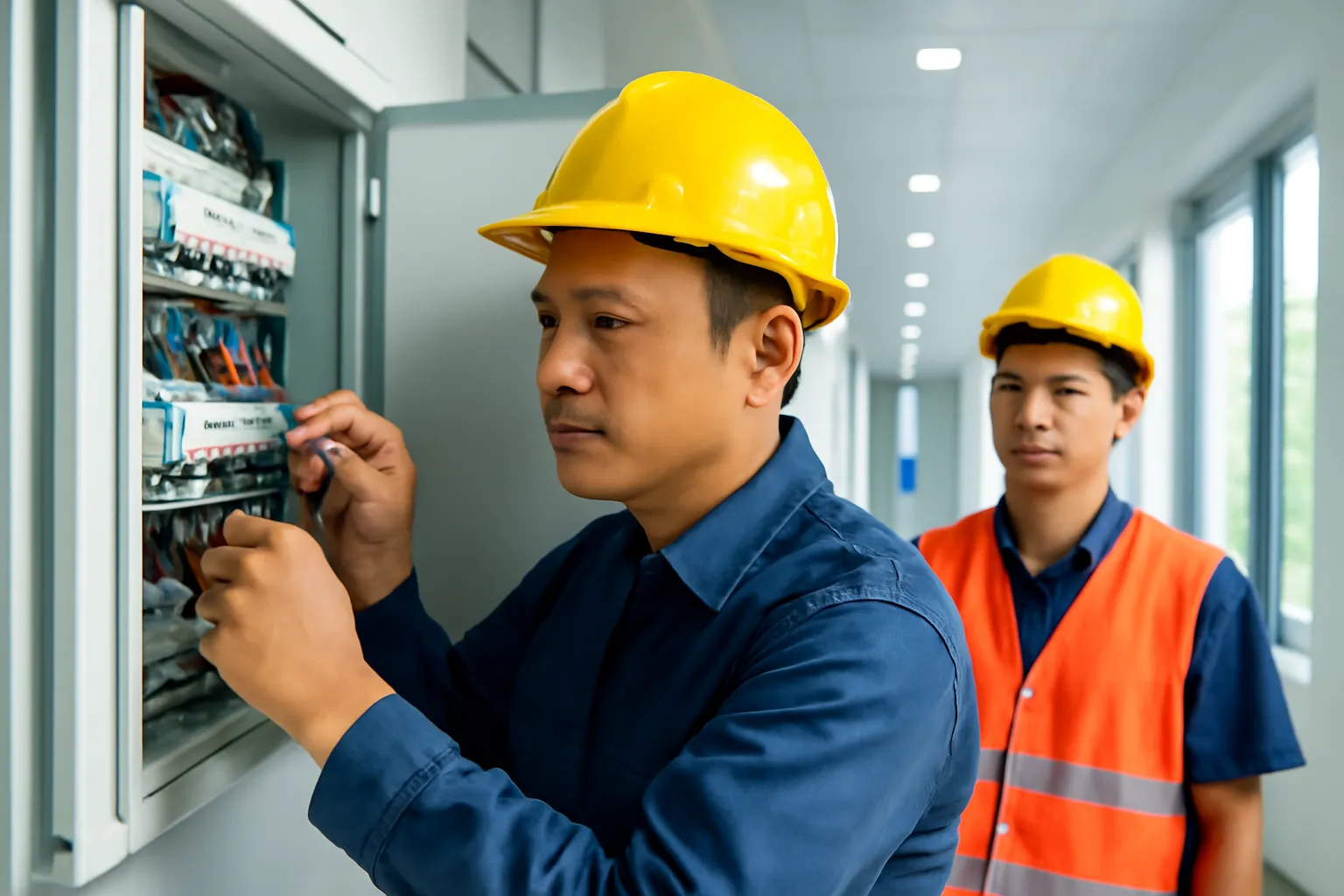 Thợ điện lành nghề kiểm tra tủ điện trong toà nhà mới