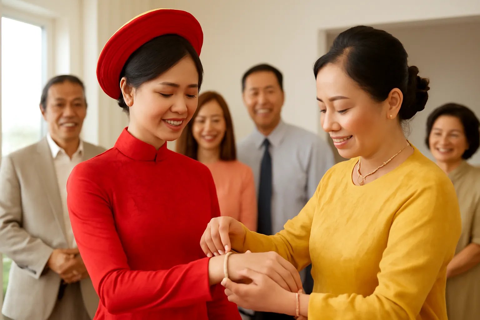 Cô dâu được mẹ đeo vòng vàng trong lễ cưới tại nhà